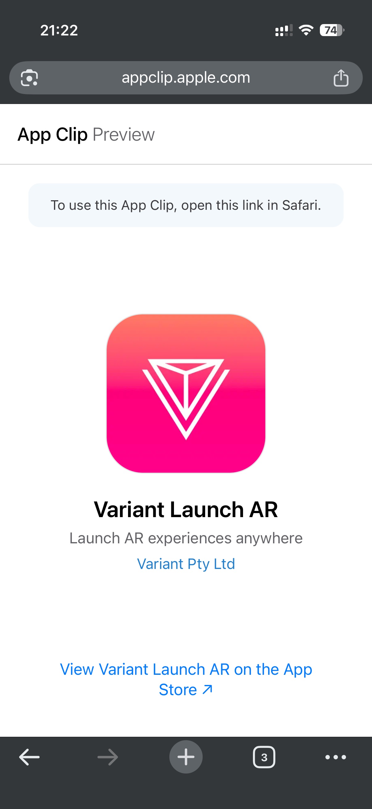 App Clip preview page shown outside Safari